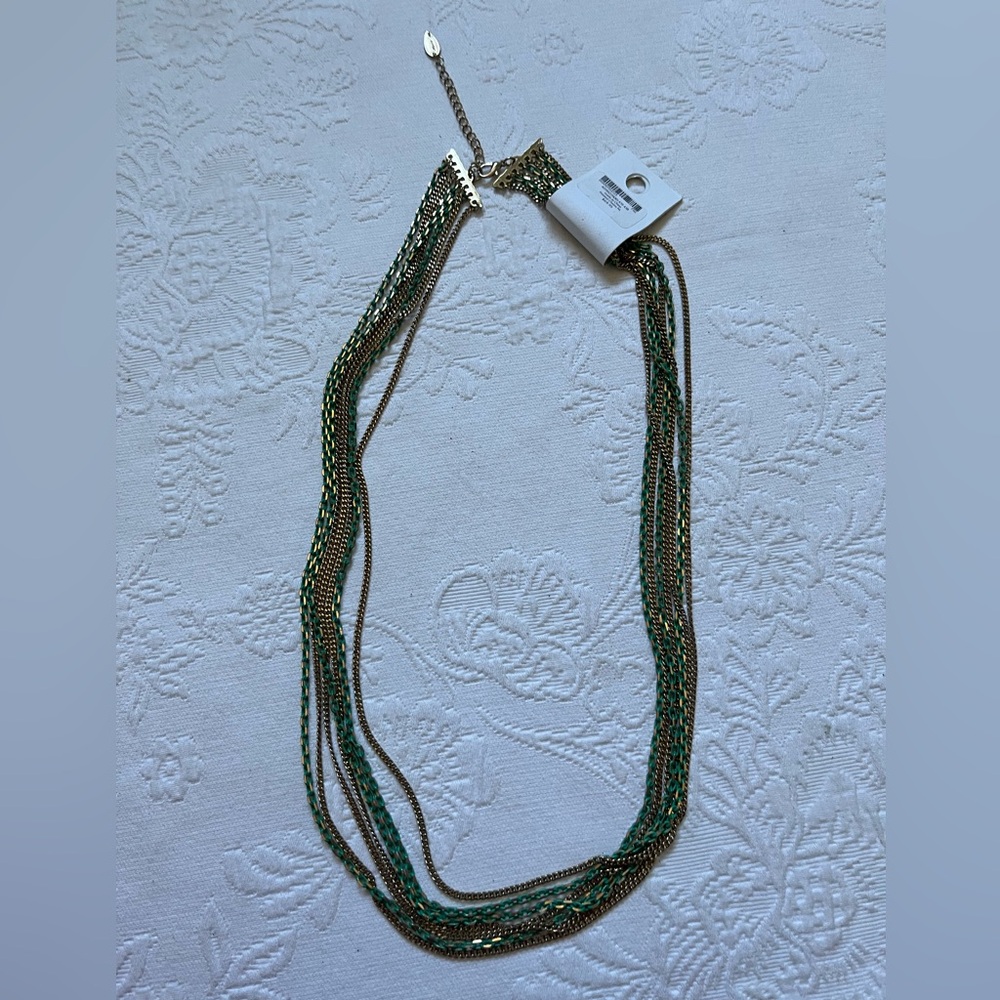 NWT Coldwater Creek 7 Gold Tone And Green Strings Chains Necklace With Extension